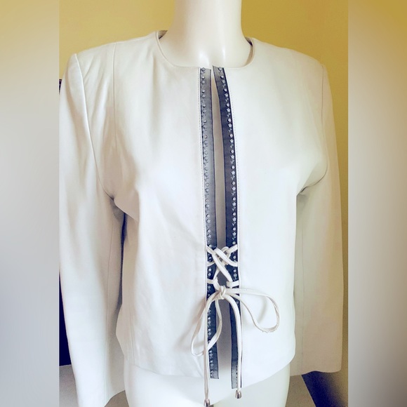 White Real lamb leather blazer Jacket Black Chiphon Trim With Rhinestones Eur L - Picture 1 of 13